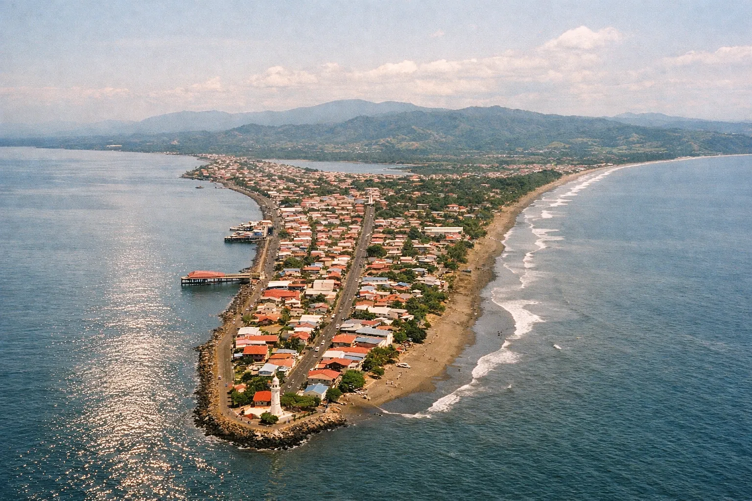 Aerial view of Puntarenas city spit meeting the Gulf of Nicoya, illustrating the city-province layout