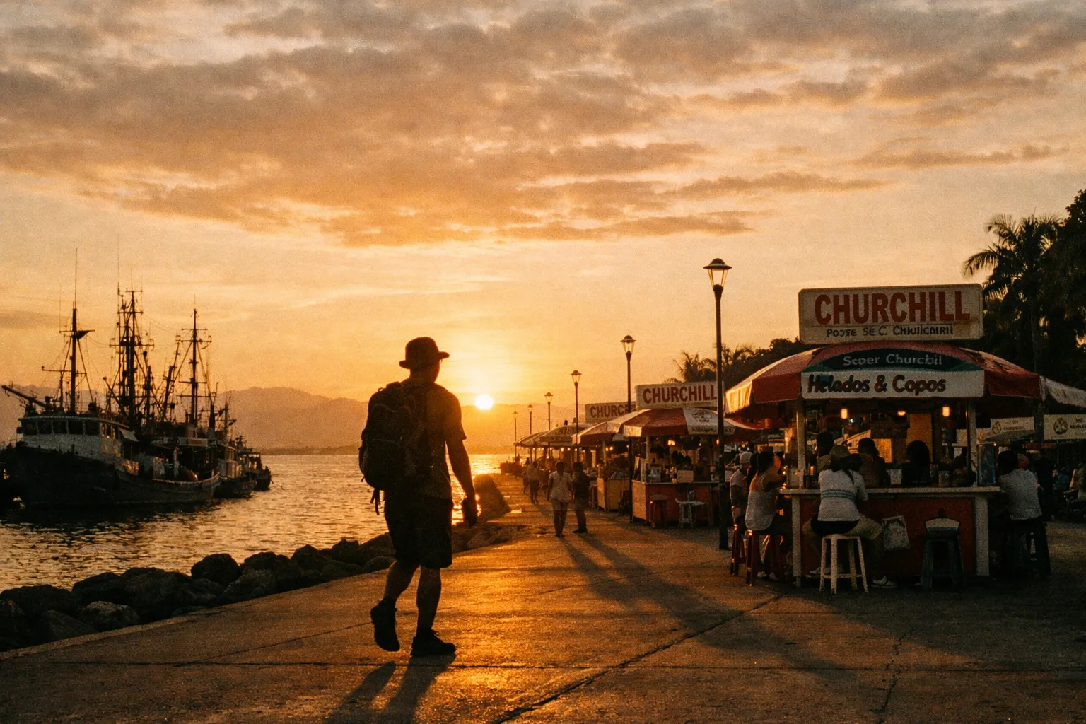 Sunset silhouettes along Paseo de los Turistas with the Puntarenas waterfront