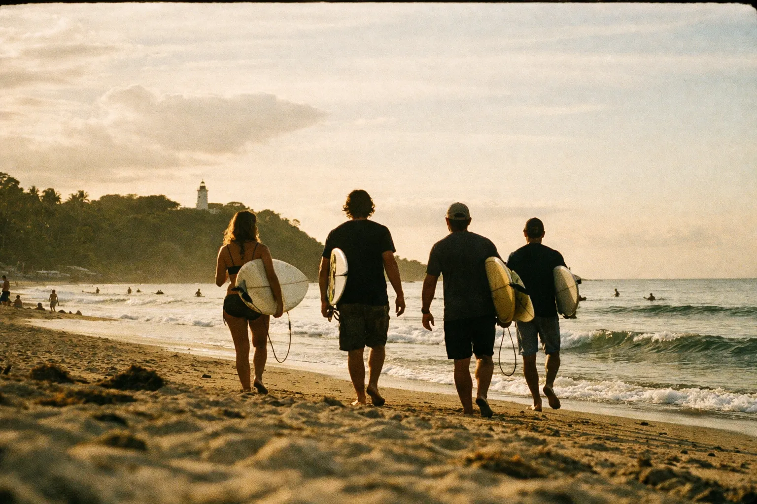 Four surfers walk along a sandy beach toward the ocean at sunset with a lighthouse in the distance.