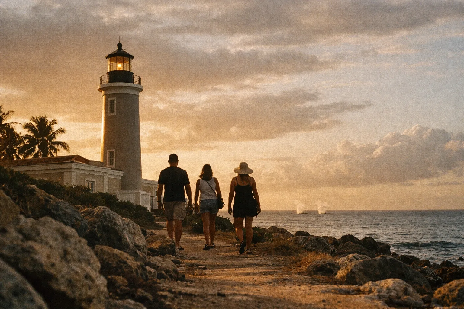 Three people walk along a rocky path near a lighthouse by the ocean at sunset in Rincón, Puerto Rico.