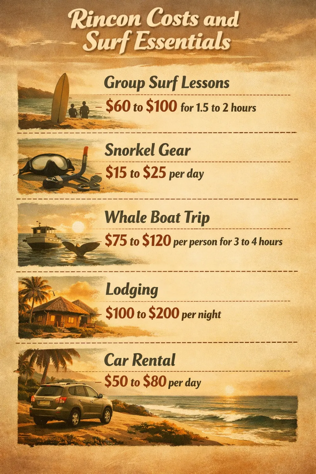 An editorial-style infographic portrait showing Rincon's weekly costs and key activity prices: lodging, car rental, group