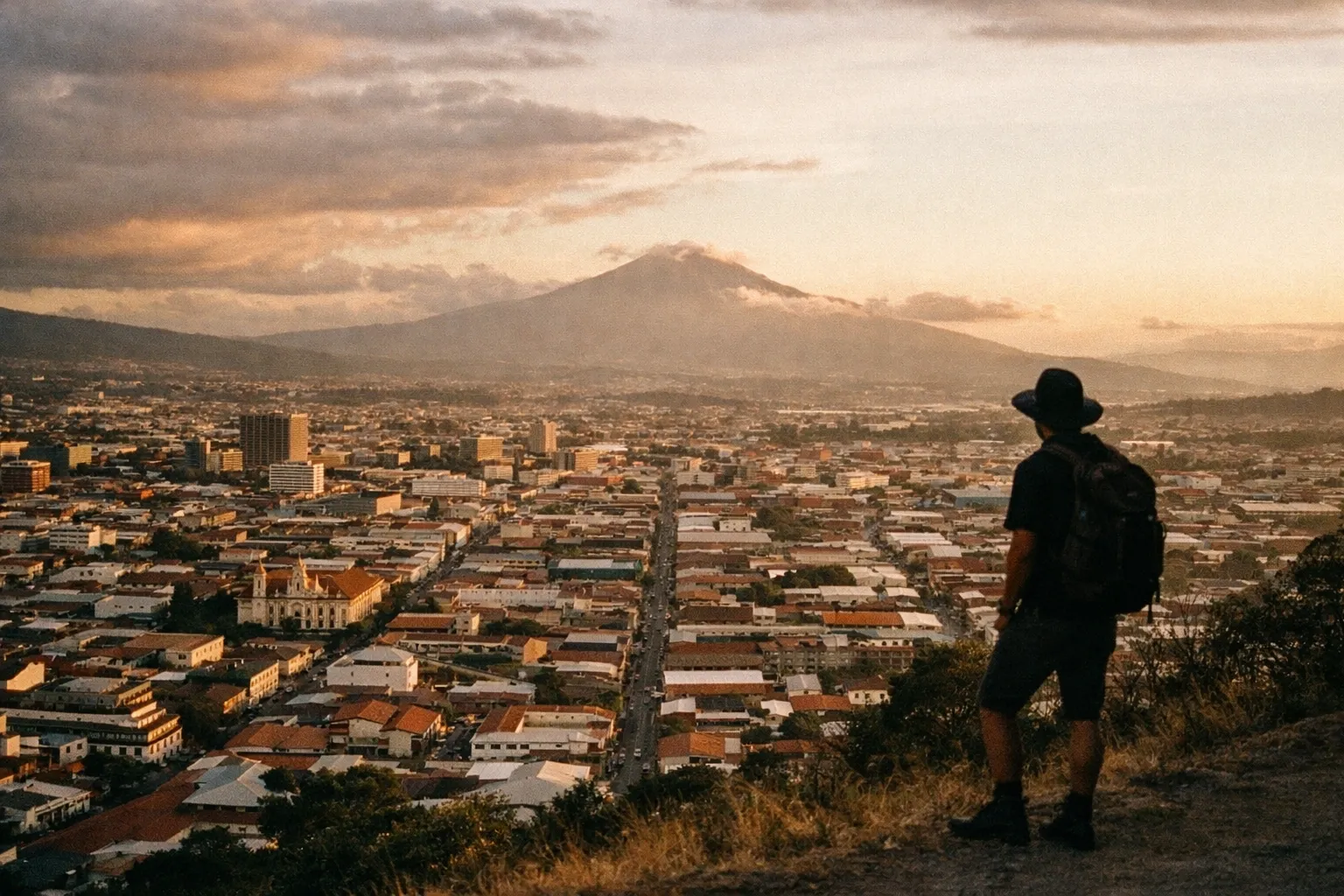 A hillside viewpoint over San Jose's grid-like downtown with distant volcano
