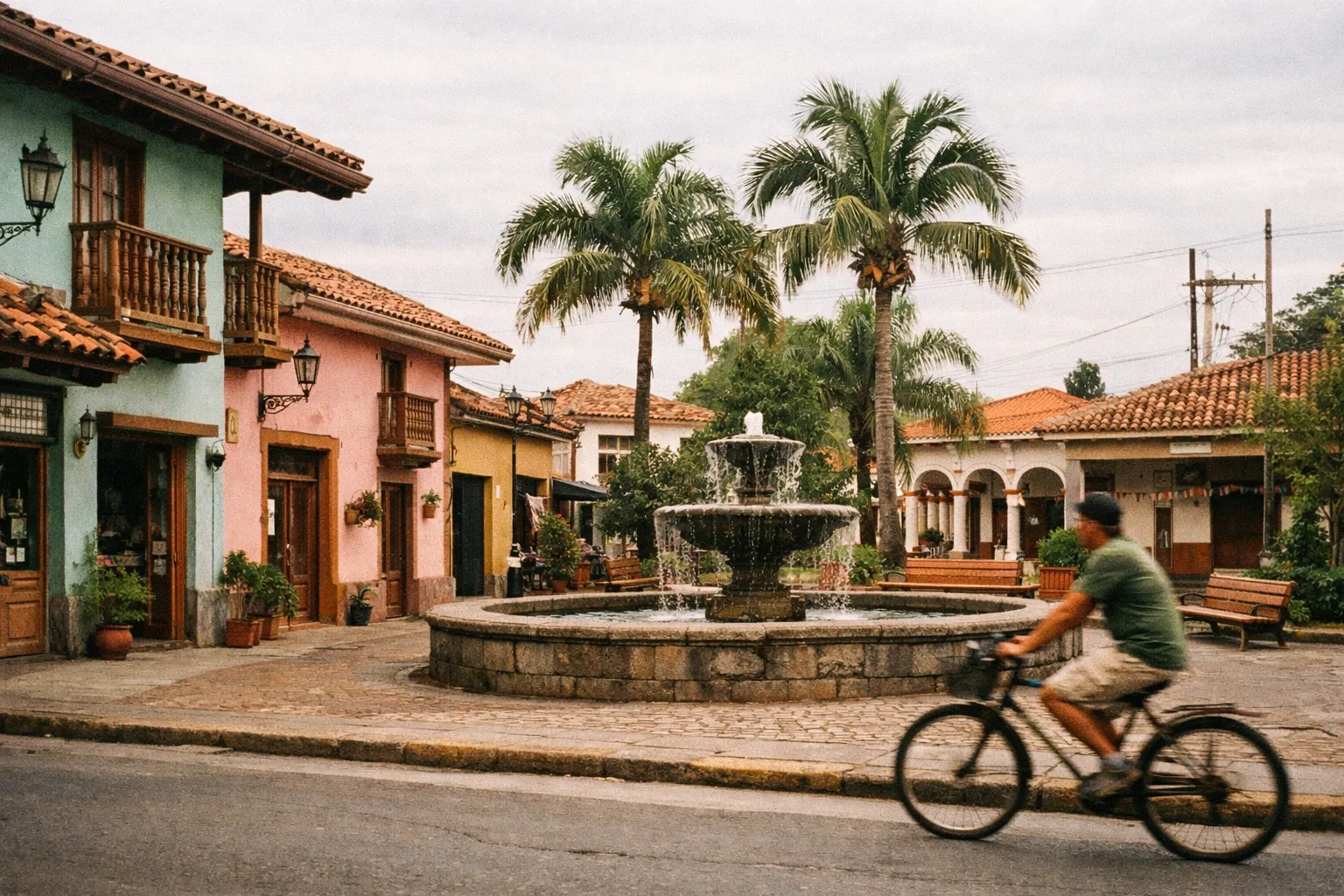 Pastel-streaked street in a quiet neighborhood with colonial balconies