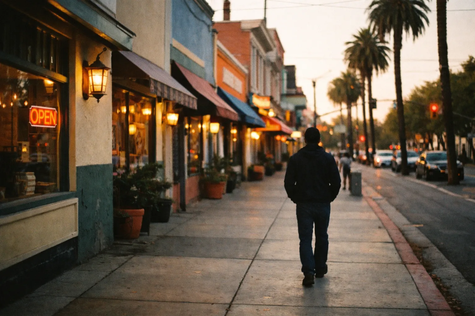 Calm, well-lit street at golden hour with storefronts