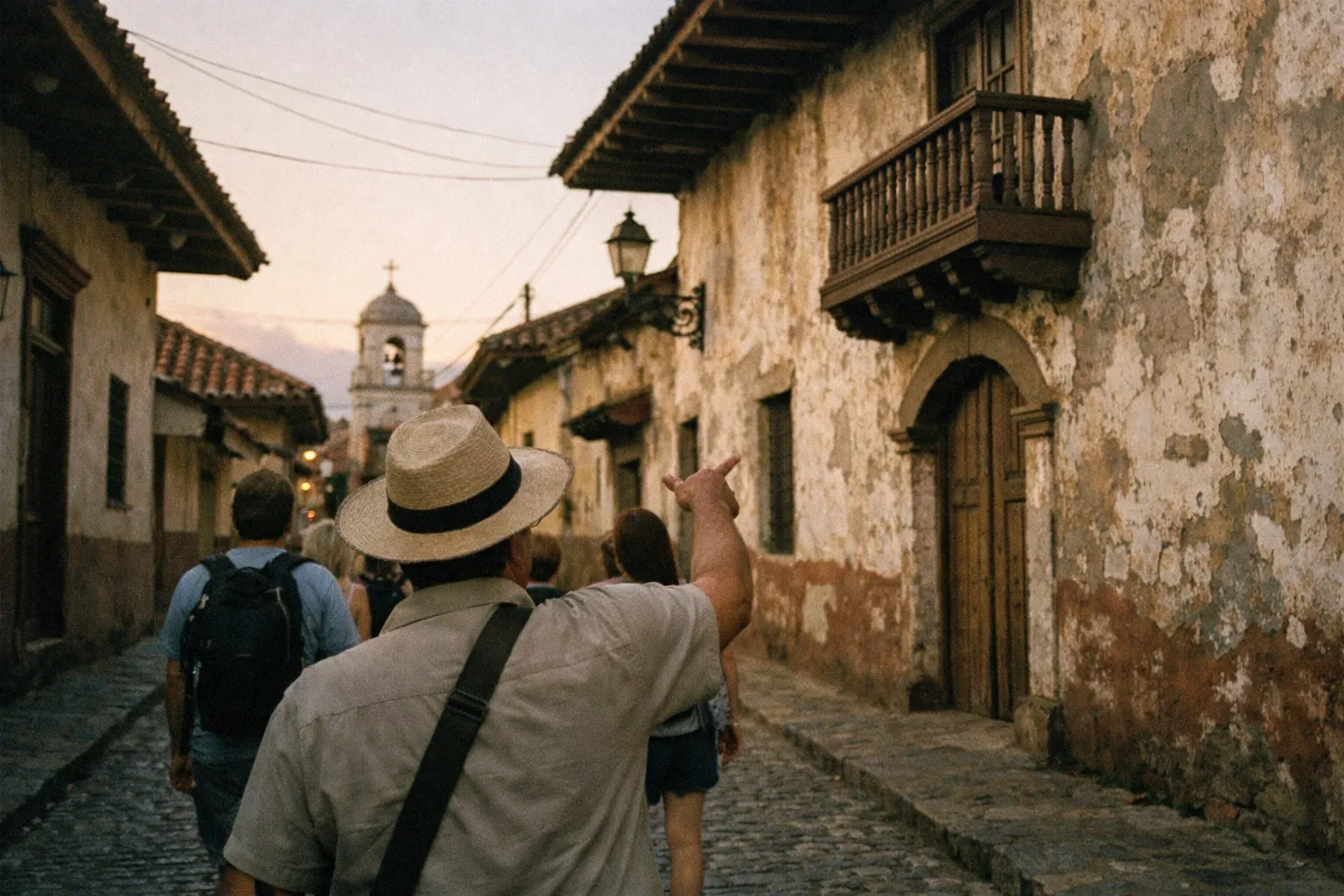 Historic cobblestone street with colonial buildings and a guide from behind