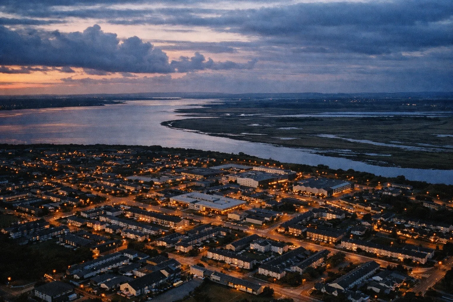 Aerial view of a riverside town at dusk with lights illuminating houses and a large river in the background.