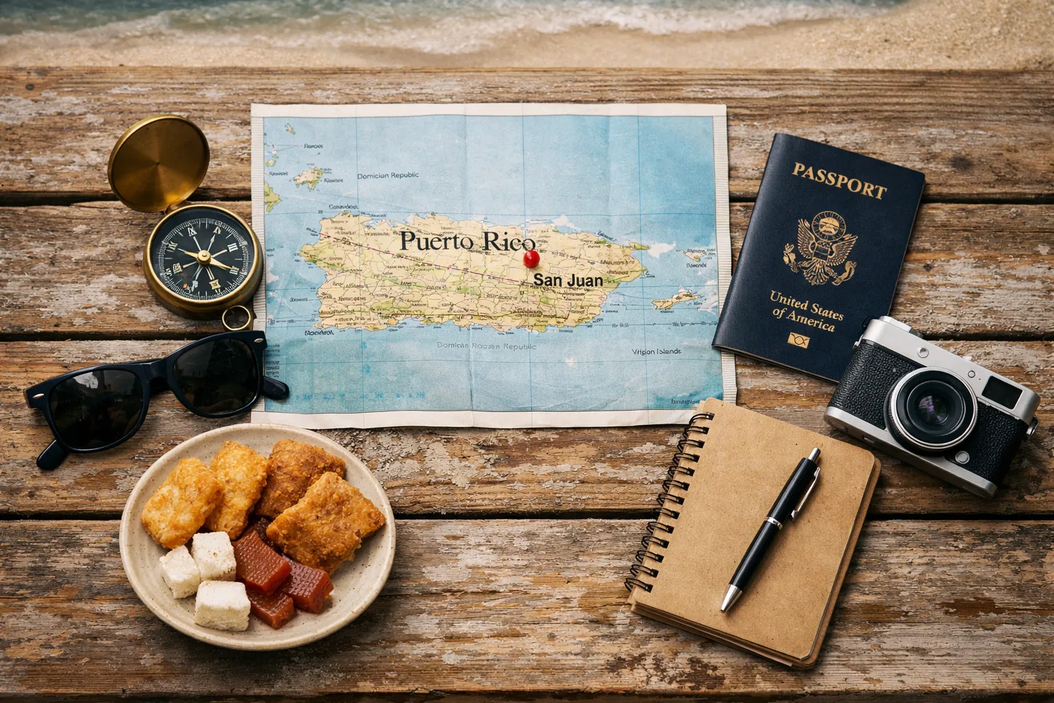 A map of Puerto Rico with San Juan marked, surrounded by travel items on a wooden table near a beach.