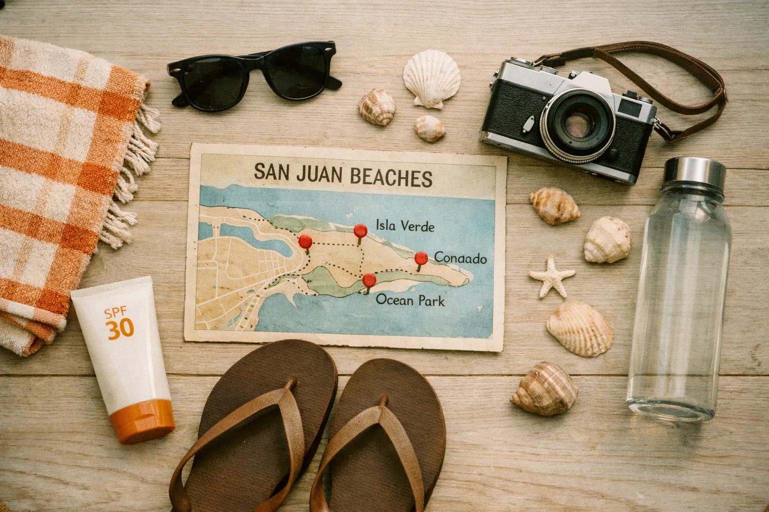 Beach essentials and a map of San Juan beaches are arranged on a wooden surface.