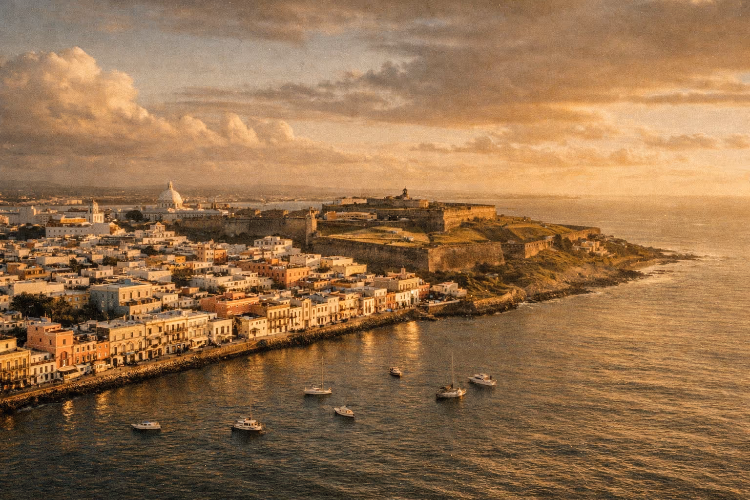Aerial view of Old San Juan with colorful buildings, El Morro fort, and boats along the waterfront at sunset.