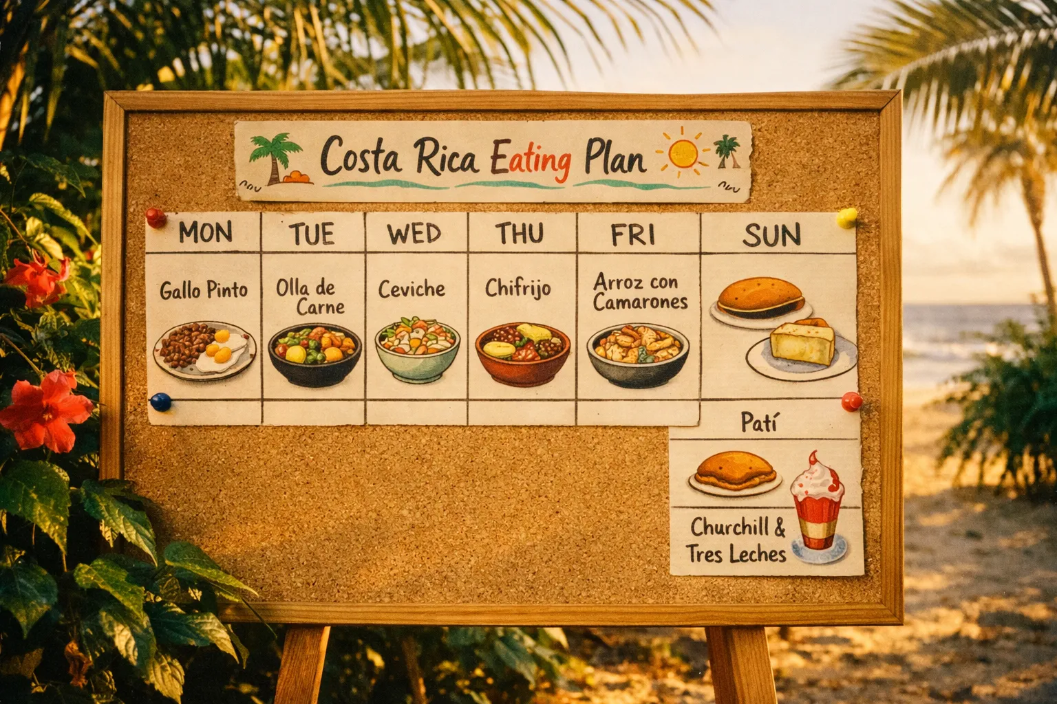 Board or corkboard detailing a weeklong Costa Rica eating plan with dish icons