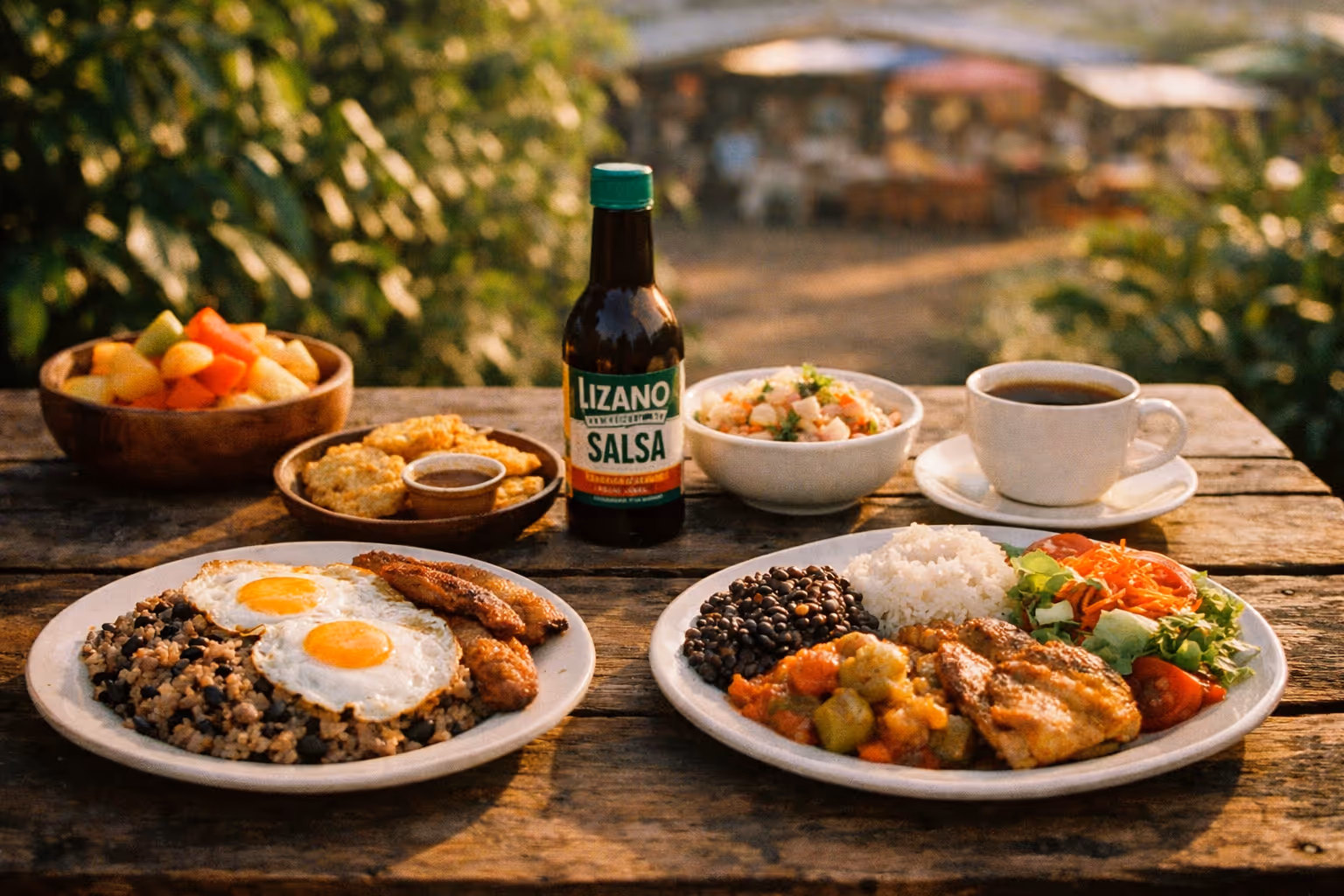 Costa Rican cuisine on a rustic outdoor table: gallo pinto, casado, Salsa Lizano, ceviche, tropical fruit and coffee.