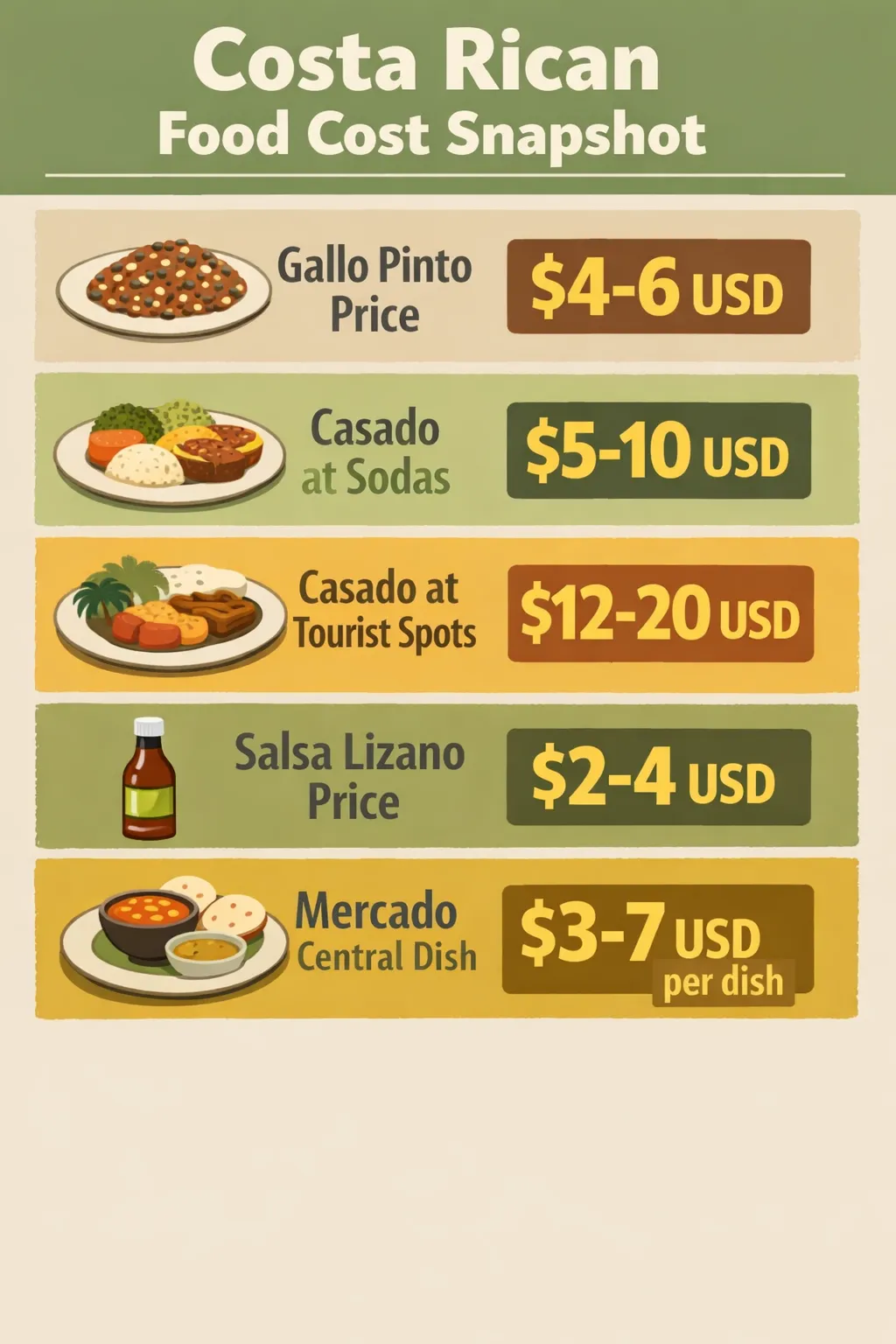 Infographic showing key Costa Rican food prices: gallo pinto $4-6 USD, casado $5-10 USD at sodas, casado $12-20 USD at