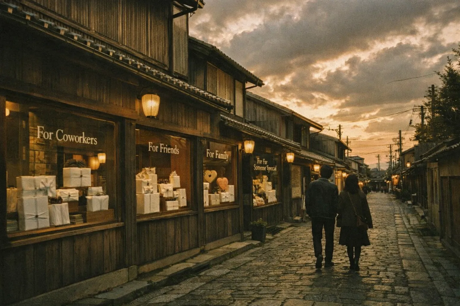 Street scene in Japan at golden hour with white gift displays and silhouettes walking away.
