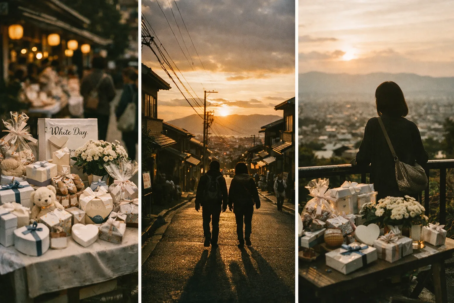 White Day gifts displayed on tables and people walking through a Japanese street at sunset.