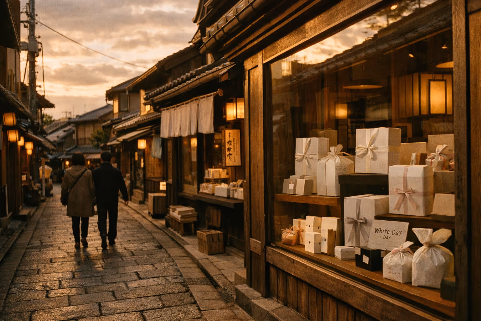 Golden-hour street scene in Japan with gift displays and silhouettes hinting at White Day beyond chocolate.
