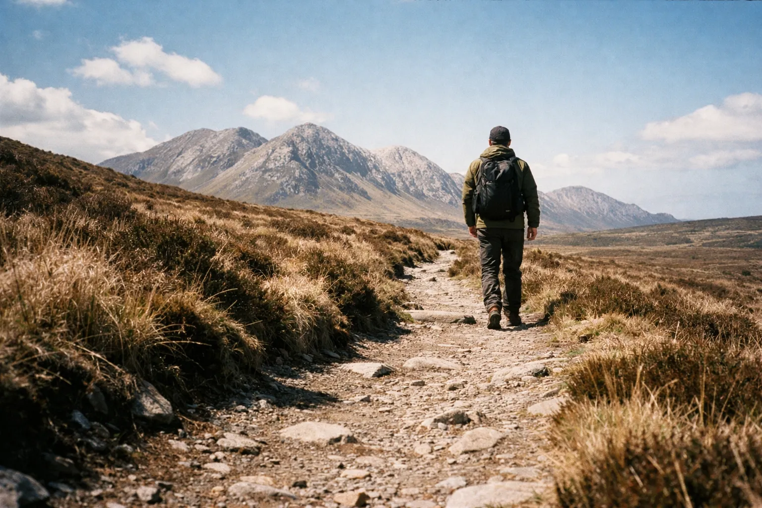 A hiker walks along a rocky trail toward the Twelve Bens mountains in Connemara, Ireland.