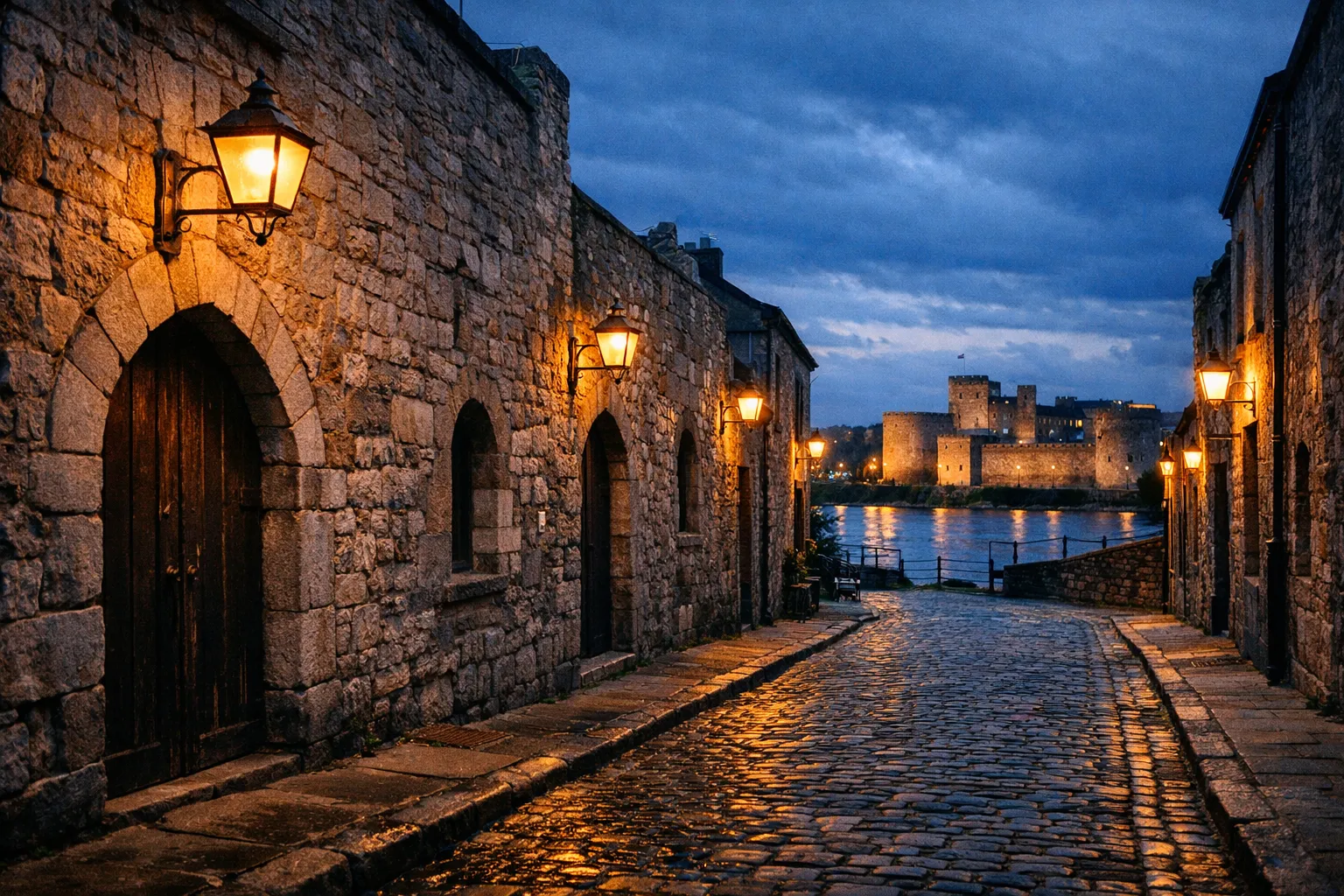 A stone alleyway lined with lanterns leads to King John's Castle beside the River Shannon at dusk.