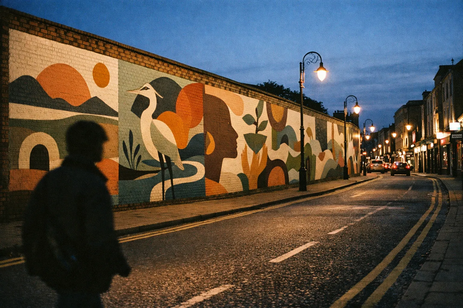 A person walks past a colorful mural on a street in Limerick at dusk, with cars and lit street lamps lining the road.