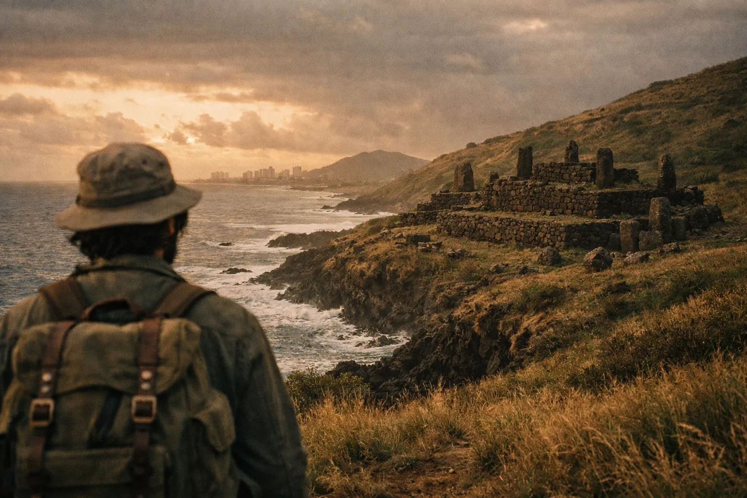A hiker looks at an ancient stone structure on a grassy Hawaiian coastline at sunset.