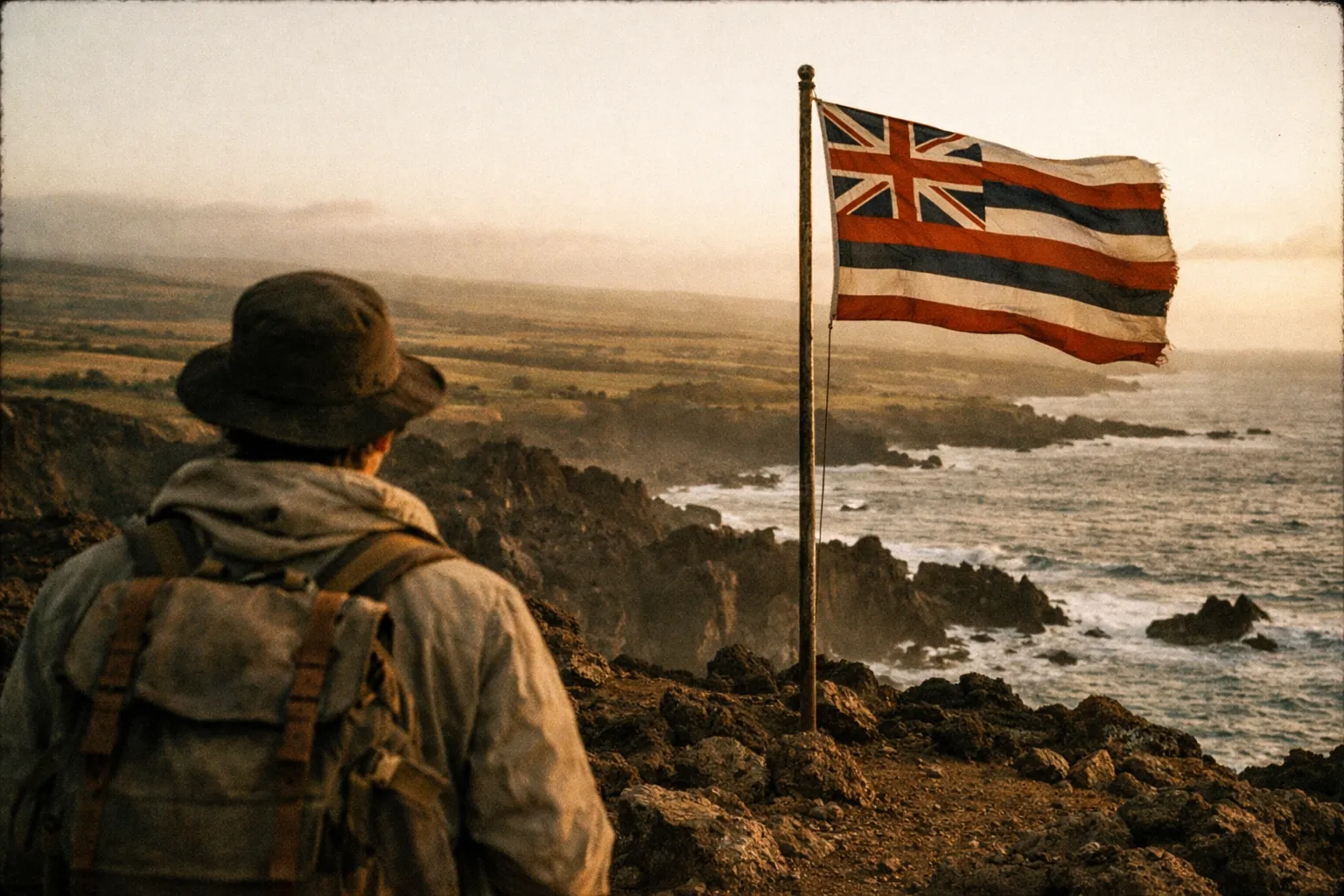 A person with a backpack stands by the Hawaiian flag overlooking a rocky coastline at sunset.