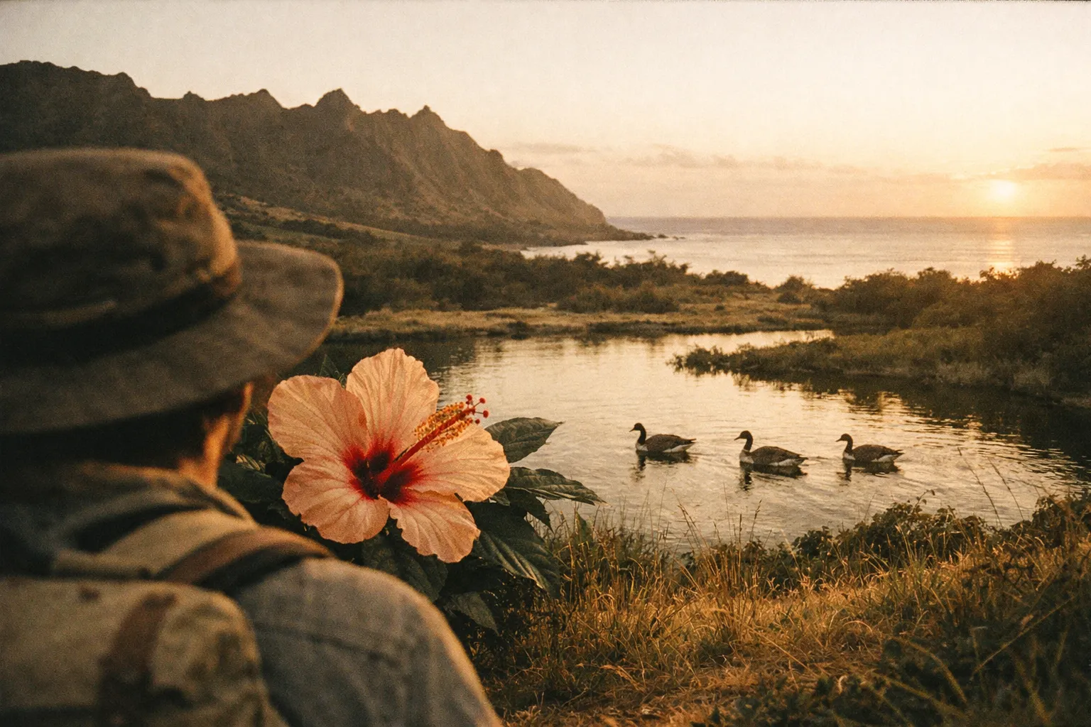 A person observes Hawaiian geese swimming in a lagoon at sunset with a hibiscus flower in the foreground.