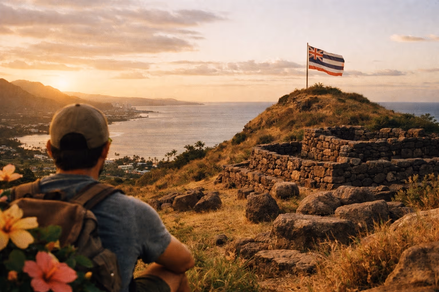 A person sits overlooking an ancient stone structure and the Hawaiian flag on a hillside at sunset.