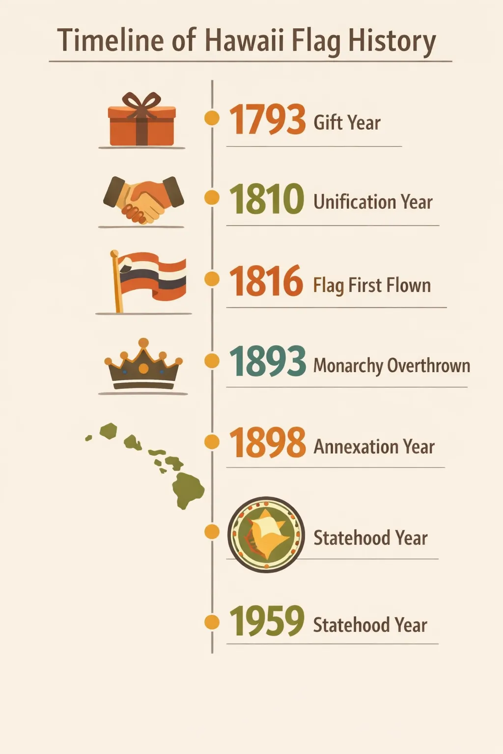 Timeline showing 1793 gift of Union Jack, 1810 unification, 1816 flag first flown, 1893 monarchy overthrown, 1898