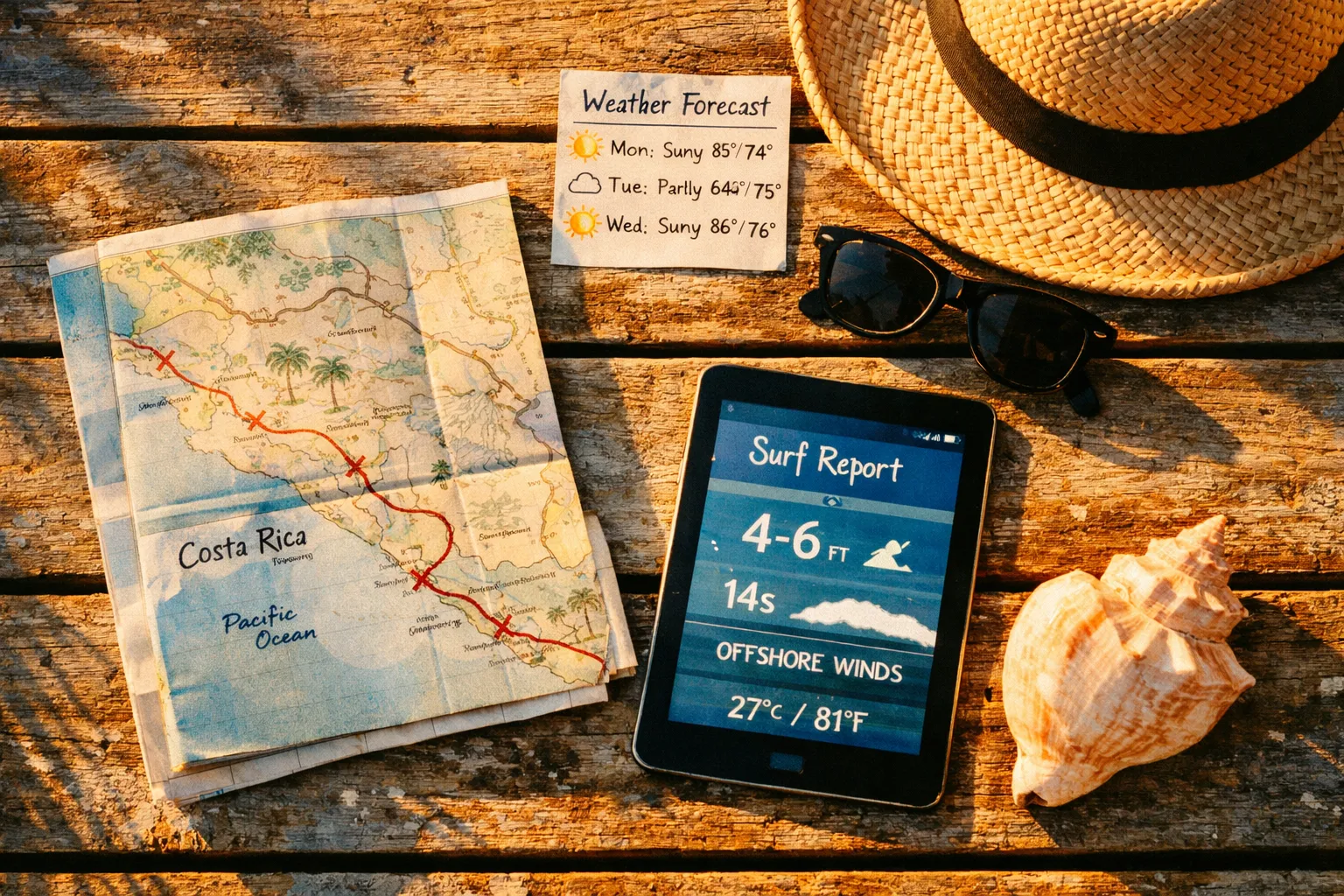 Overhead flat lay of planning gear on a wooden beach table: map, forecast page, sunglasses, hat, and phone set to surf forecast