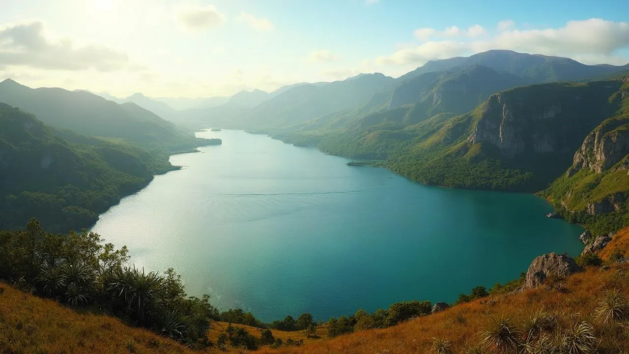 A wide river or lake winds between green, rugged mountains under a partly cloudy sky.