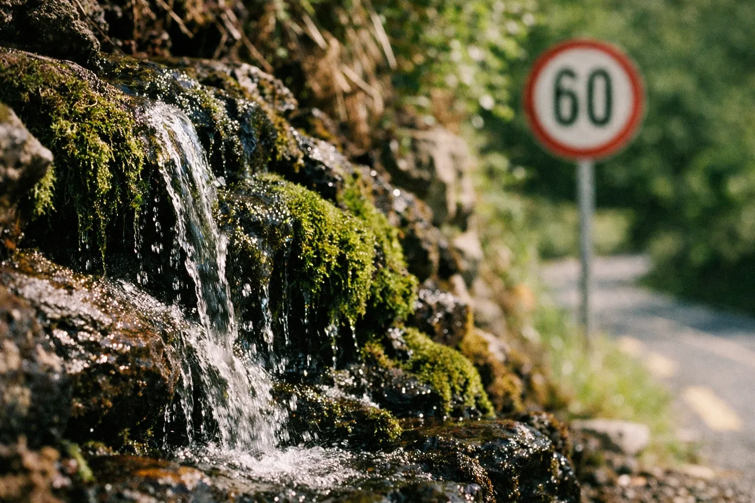 A roadside waterfall with mossy rocks beside a narrow road and a 60 km/h speed limit sign.