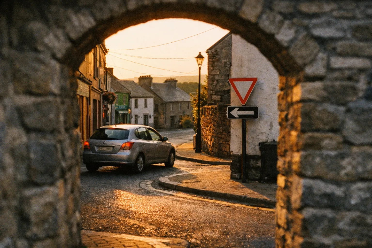 A silver car drives through a stone arch on a narrow road in a small Irish village at sunset.
