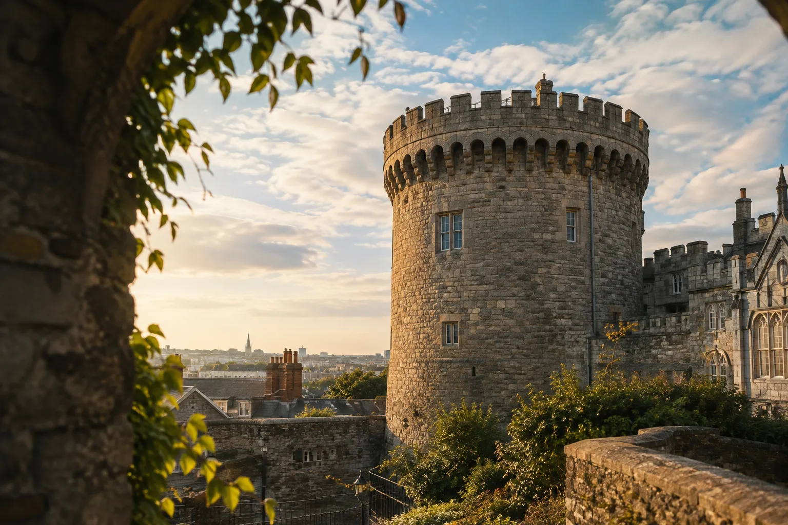 Dublin Castle's round stone tower rises above the surrounding castle grounds.