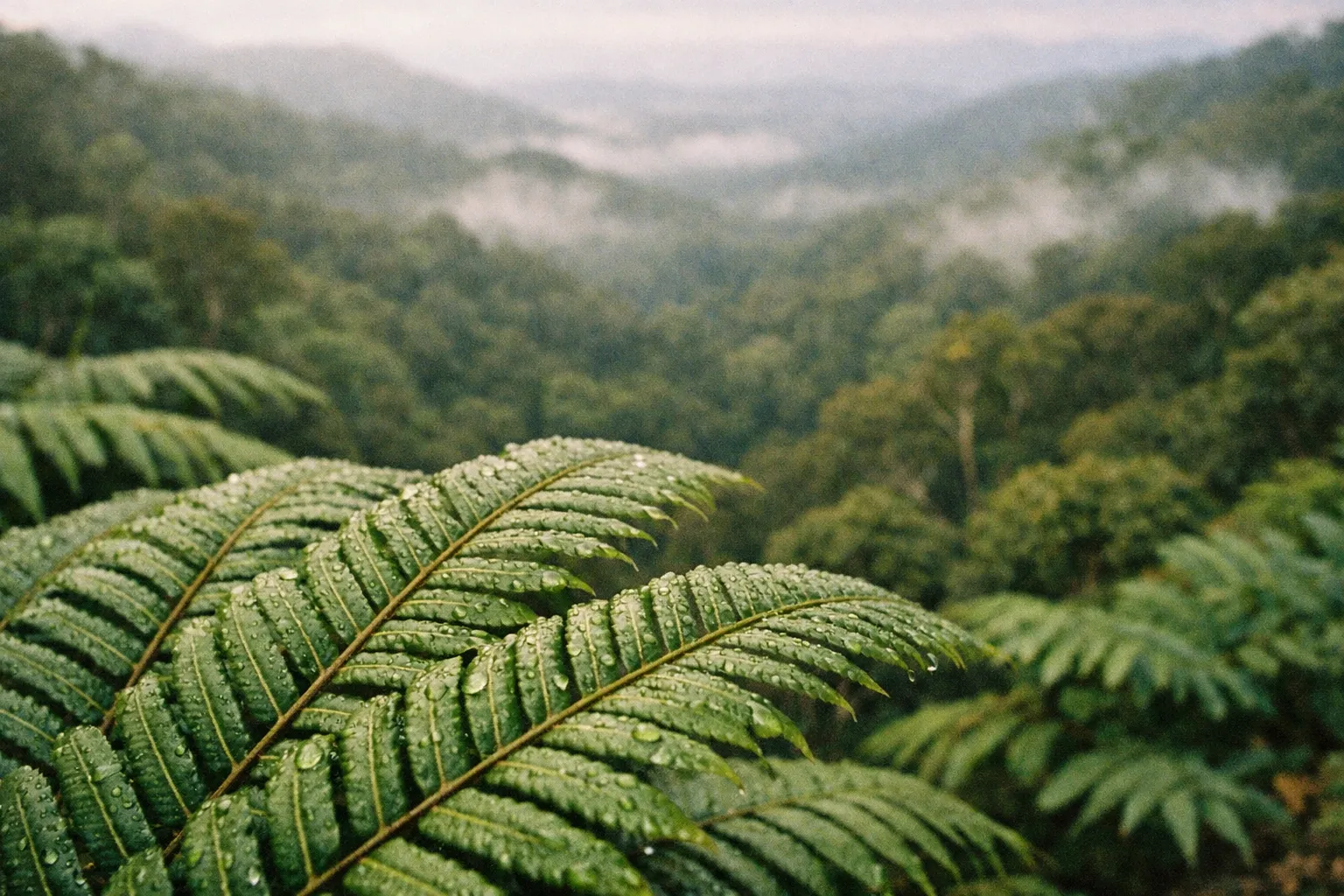 Close-up of a rain-soaked fern leaf with misty rainforest mountains in the background.