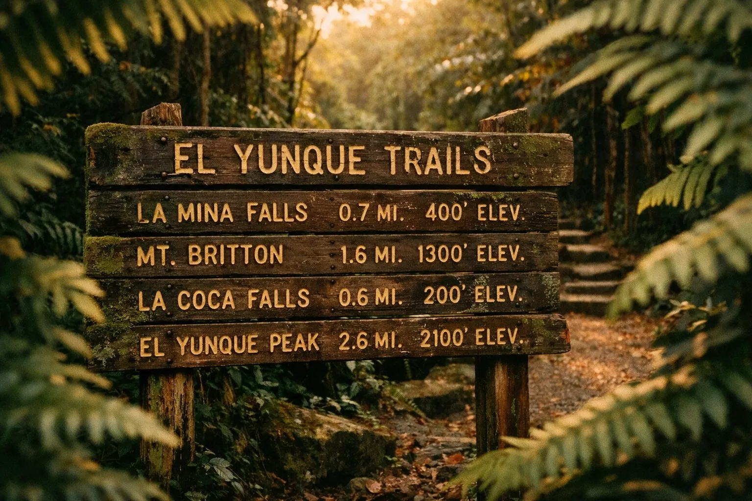 A wooden trail sign for El Yunque Trails stands surrounded by lush rainforest plants.