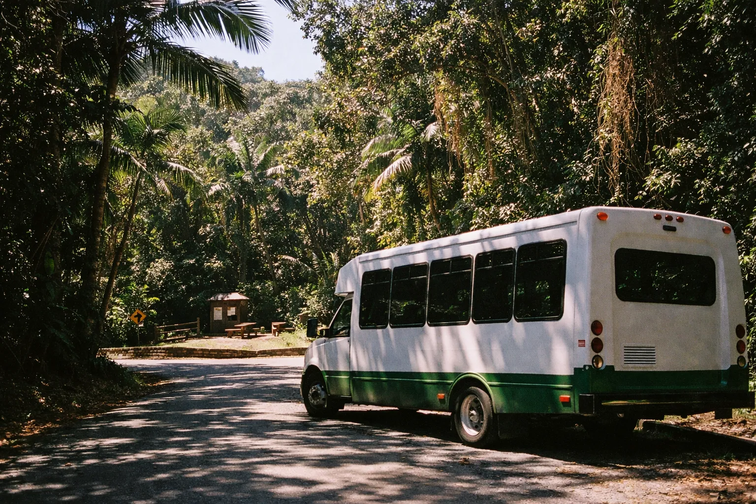 A shuttle bus is parked on a road surrounded by dense rainforest in El Yunque National Forest.
