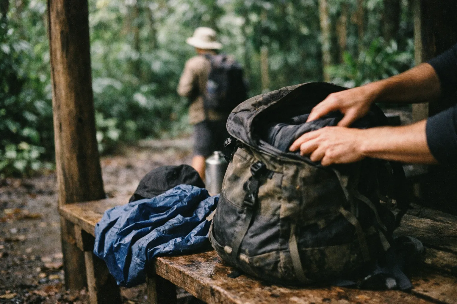 A person packs a backpack on a wooden bench with another hiker walking in a lush rainforest setting.