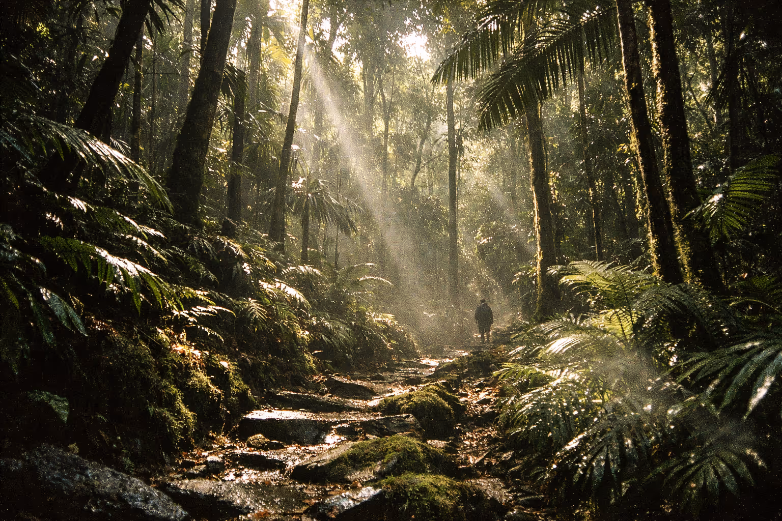 A person walks along a rocky trail surrounded by dense rainforest in El Yunque National Forest.