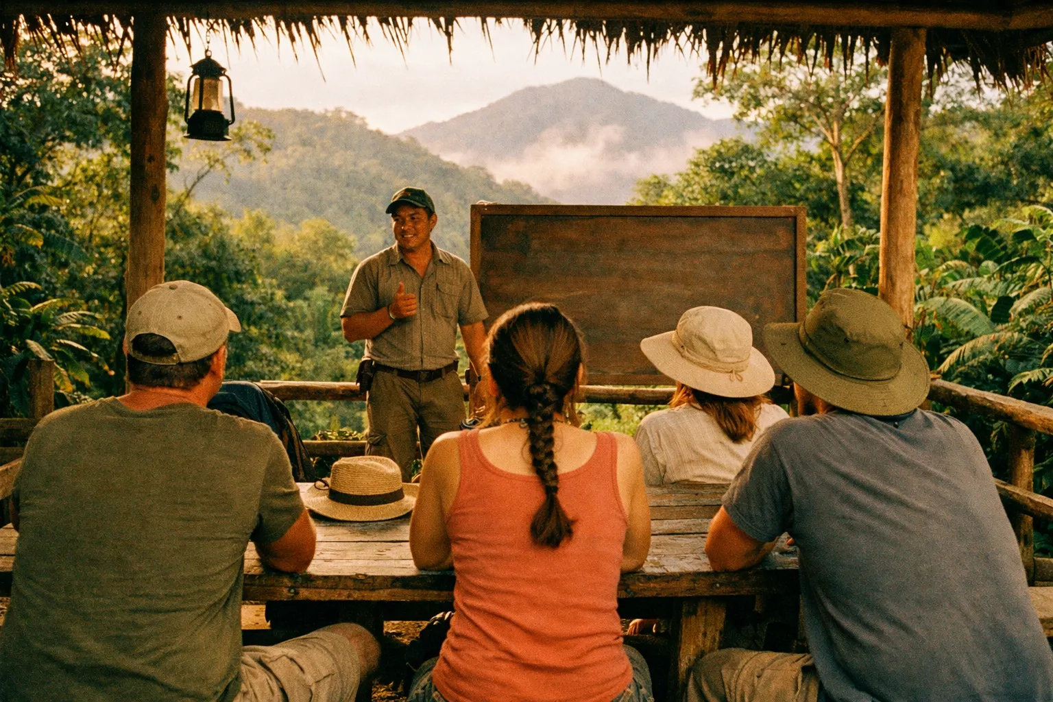 Back view of travelers in an outdoor rainforest classroom in Costa Rica during golden hour