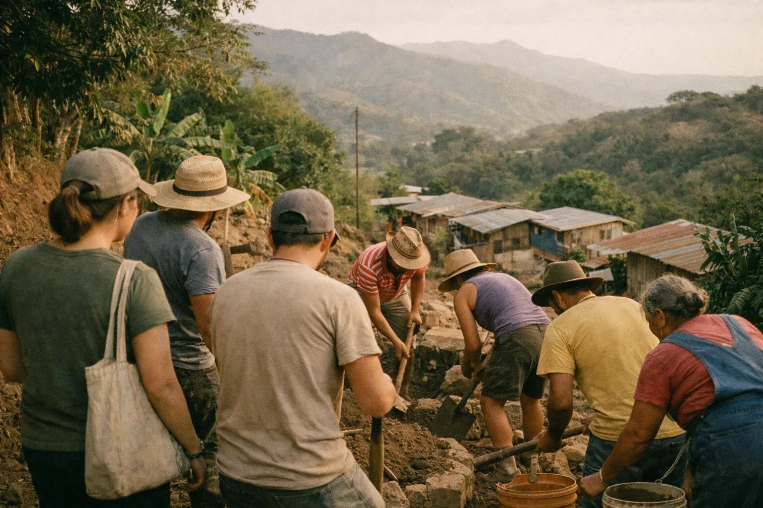 Group of volunteers and local community members seen from behind working on a hillside project in Costa Rica