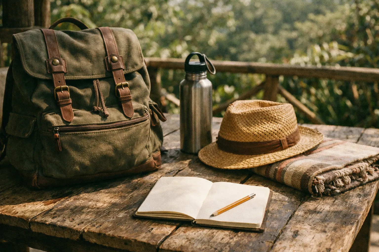 Rustic Costa Rican patio setup with travel gear ready for budgeting, sunlit and earthy colors