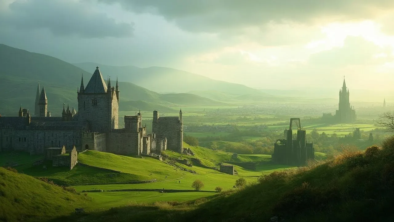 Stone fairytale-style castle with turrets set in a lush green Irish landscape