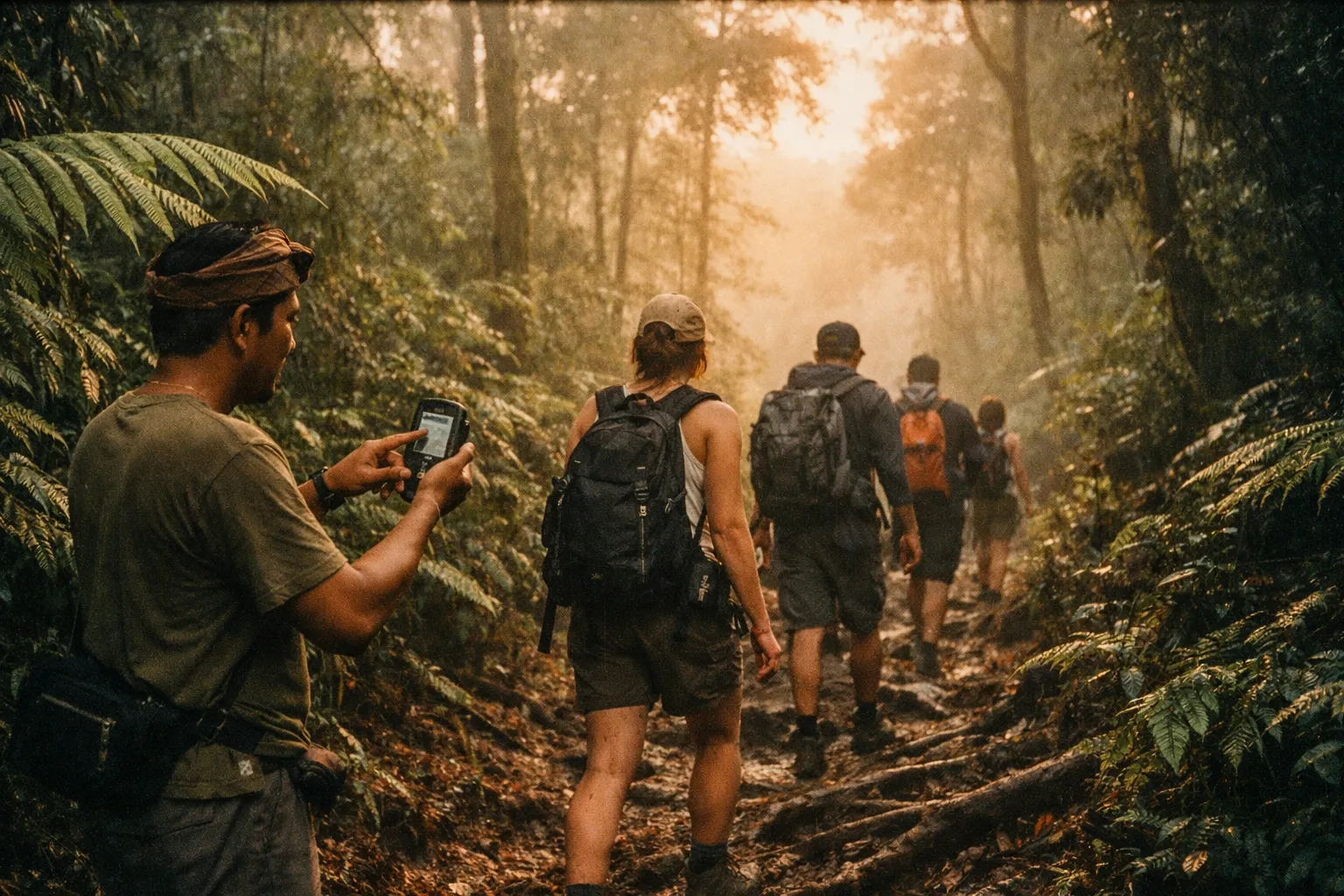 A Bali jungle trail with a local guide and hikers consulting a map as golden hour light filters through the trees
