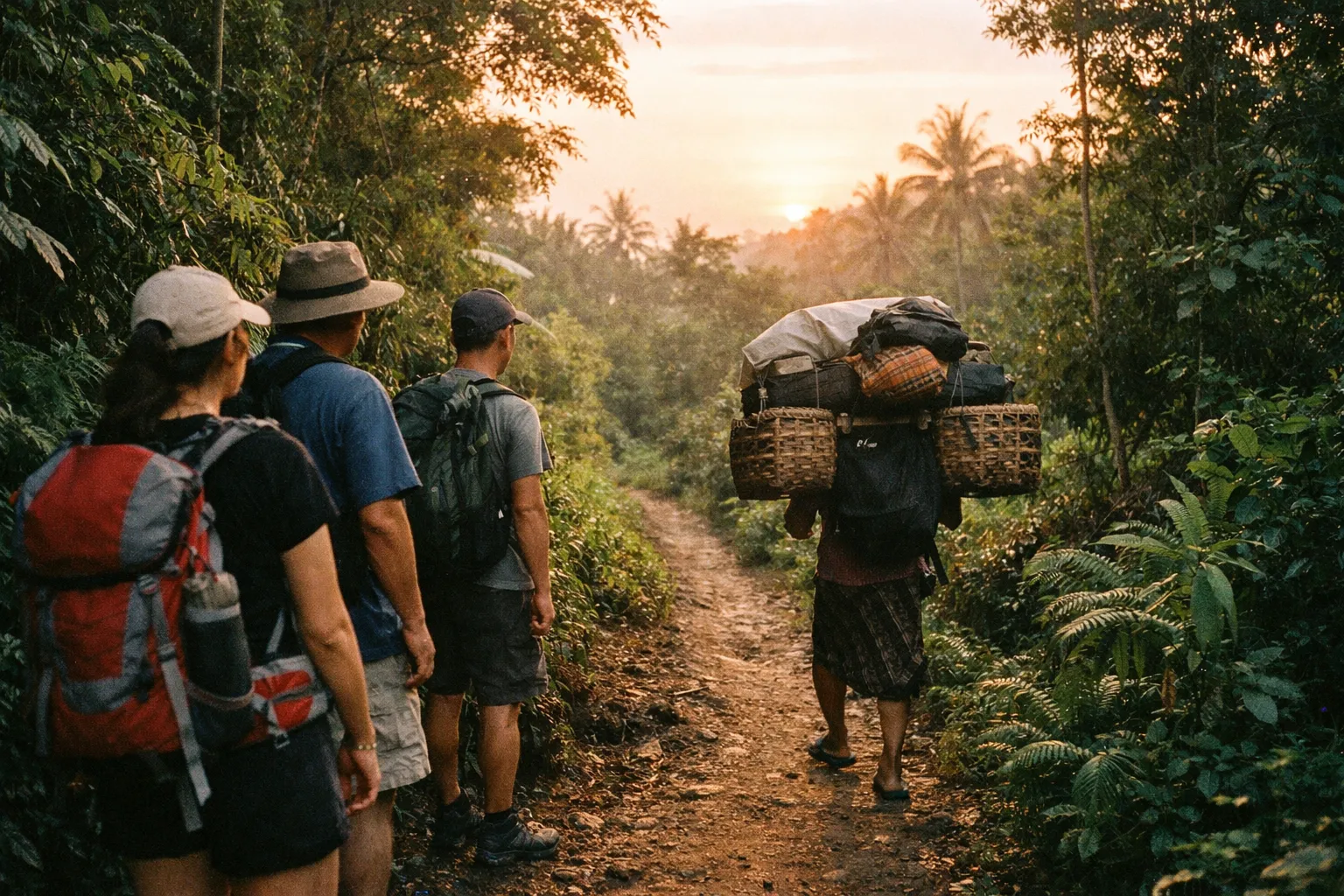 Hikers showing etiquette on a Bali trail by stepping aside to let a porter pass; backs visible, lush jungle around