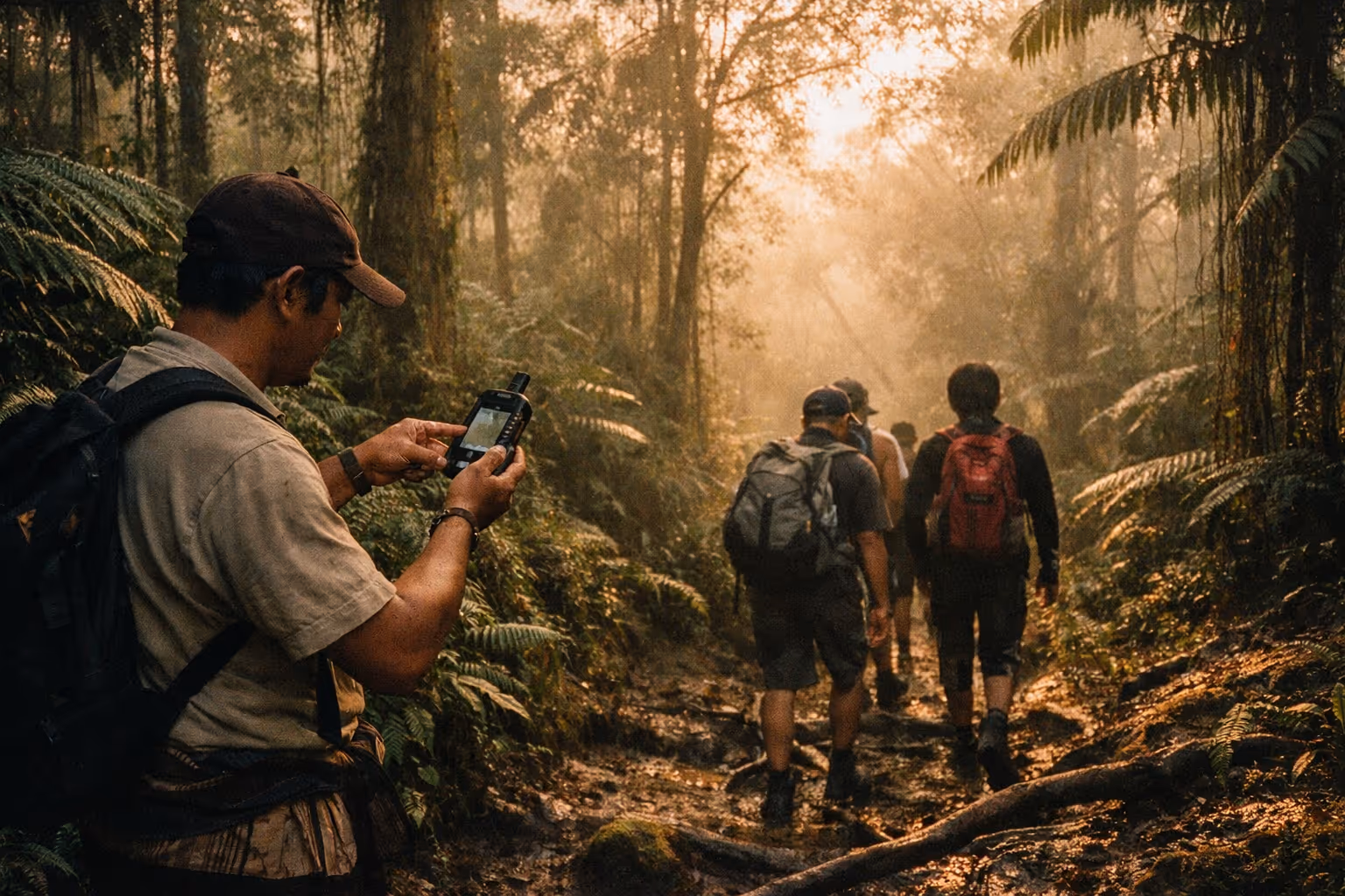 Editorial feature image: hikers along a Balinese jungle trail at golden hour, gear checked and ready for safe trekking