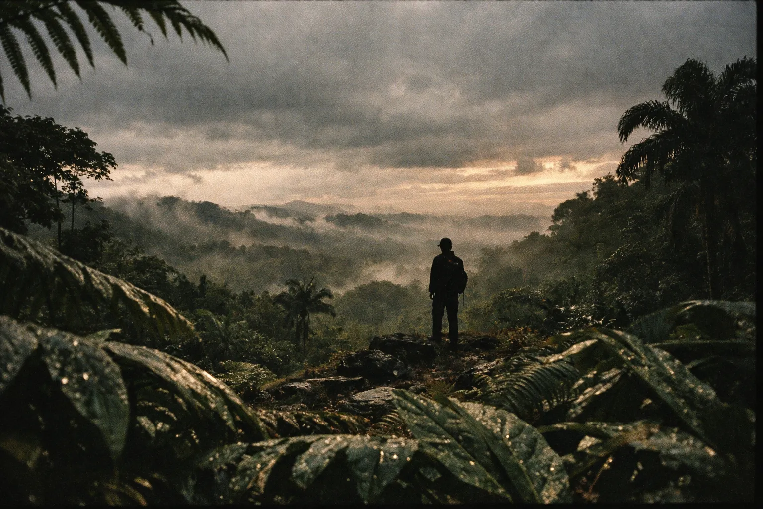 Hiker silhouette studying weather in a Costa Rican cloud forest