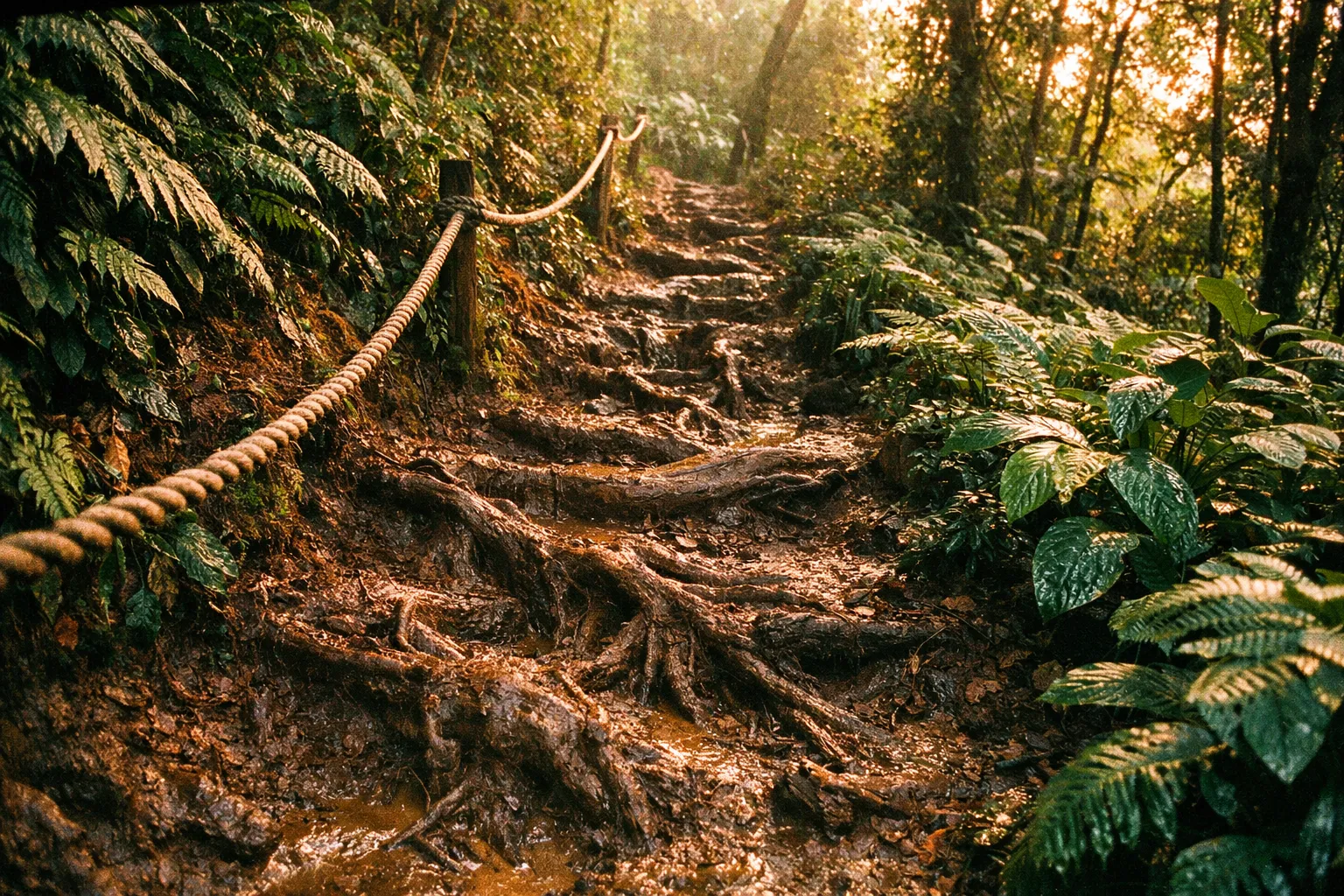 Slippery muddy Costa Rican trail with exposed roots and a rope handrail
