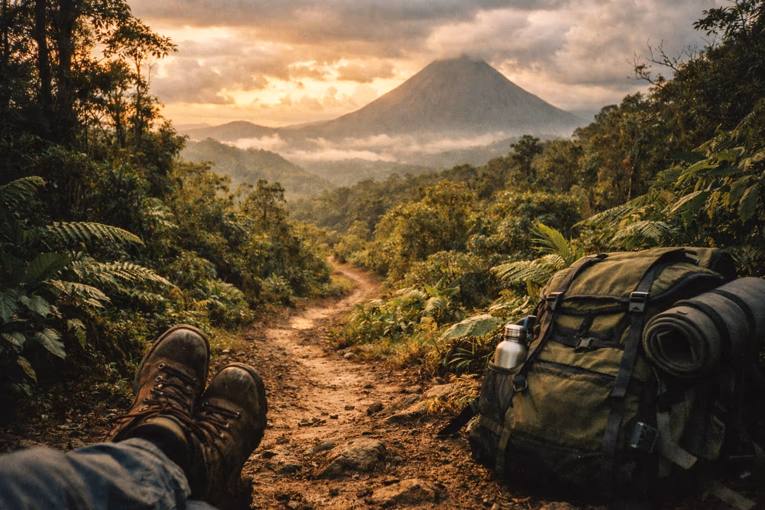 Costa Rican rainforest trail at golden hour with hikers from behind