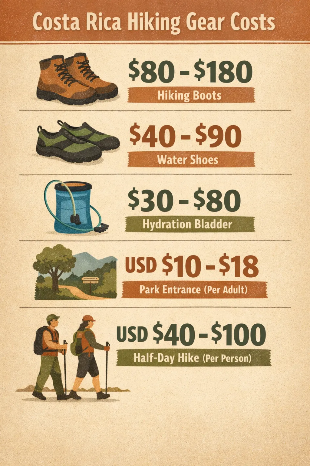 Gear costs for Costa Rica hiking: boots $80-$180; water shoes $40-$90; hydration bladder $30-$80; park entrance $10-$18