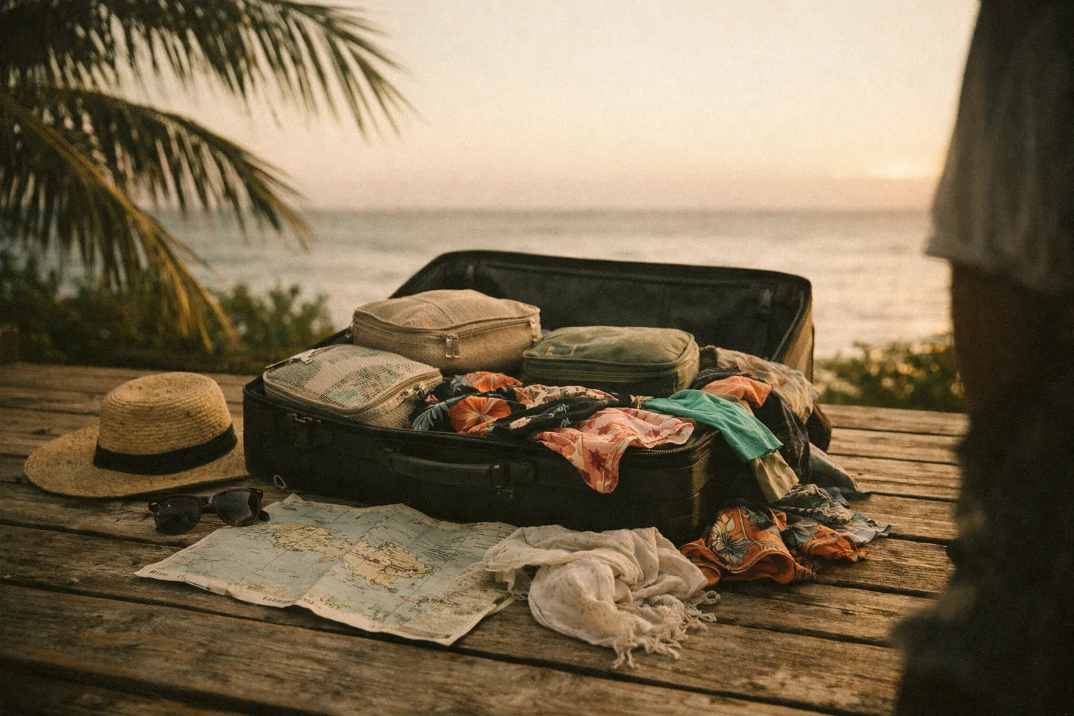 Open luggage with packing cubes and tropical accessories, golden hour light