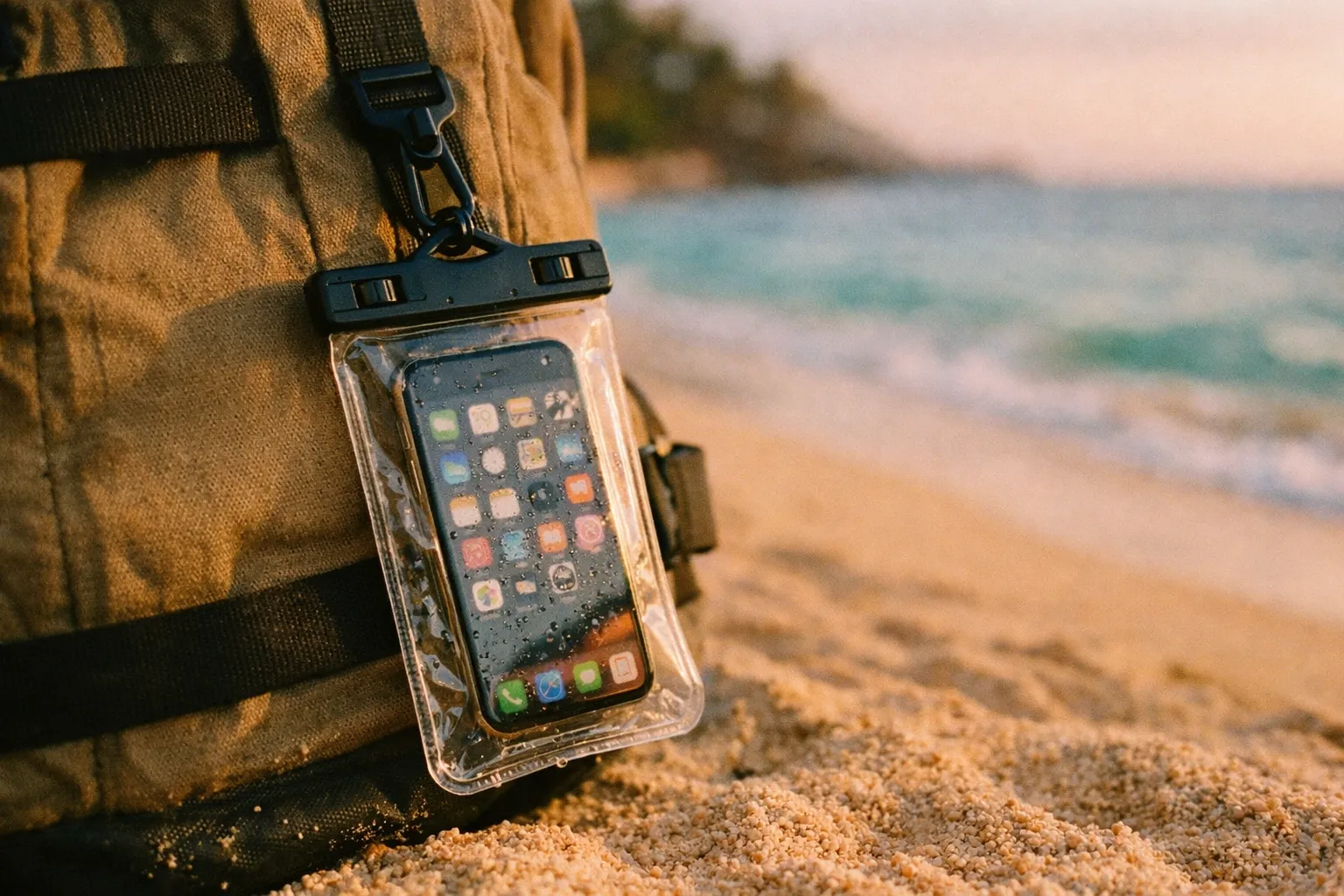 Waterproof phone case attached to backpack on beach with turquoise water